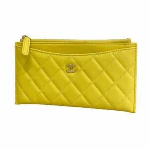 CHANEL Authentic Yellow Lambskin Leather Wallet